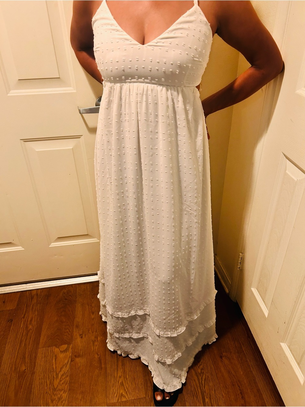 White Textured Spaghetti-Strap Maxi Dress